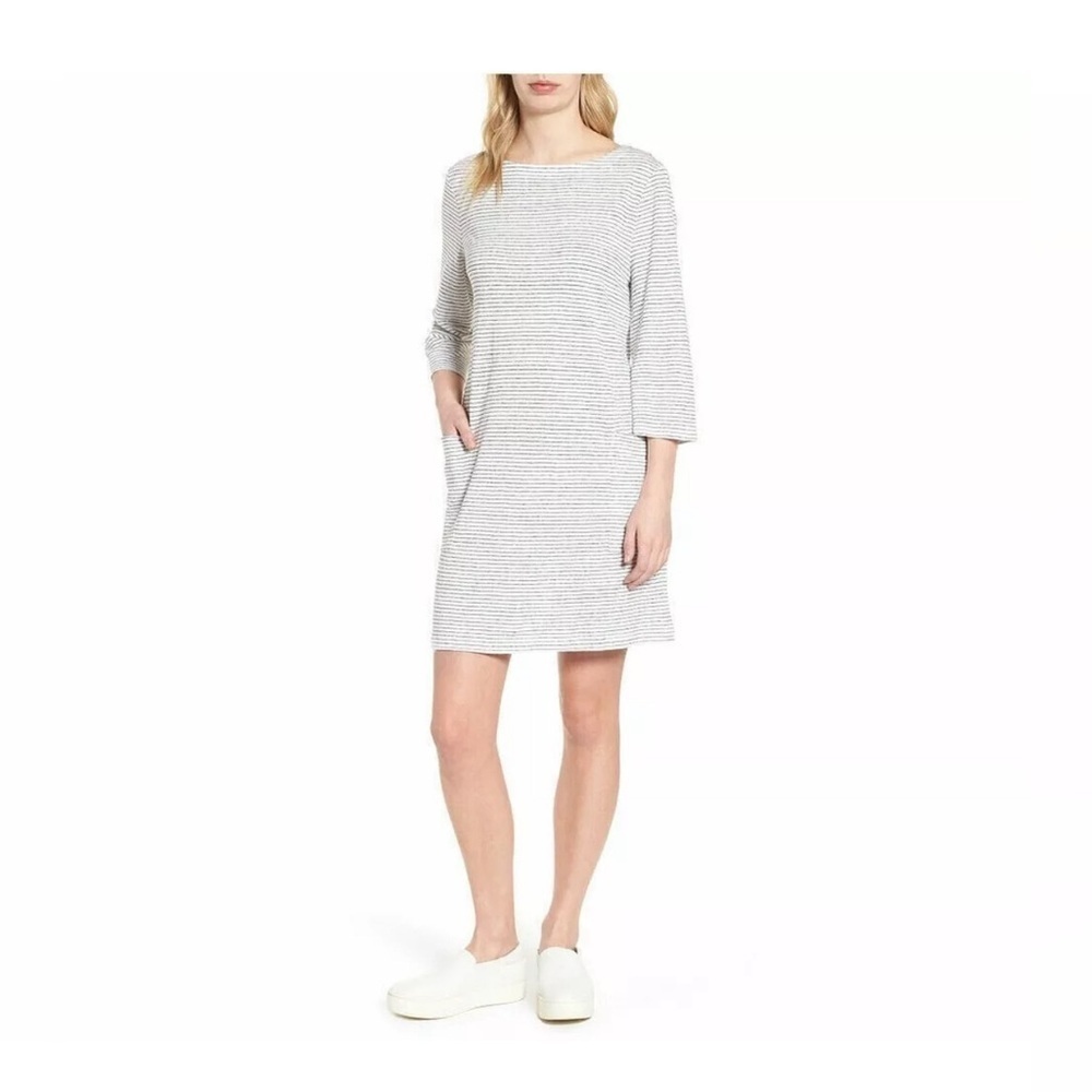 EILEEN FISHER ORGANIC LINEN
WHITE BLACK STRIPED SHIFT DRESS SIZE MEDIUM